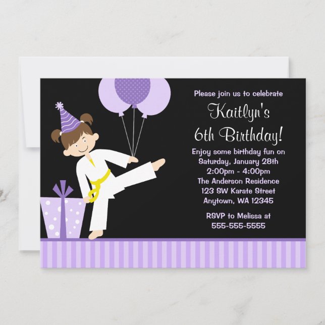 Purple Balloons Taekwondo Karate Girl Birthday Invitation (Front)