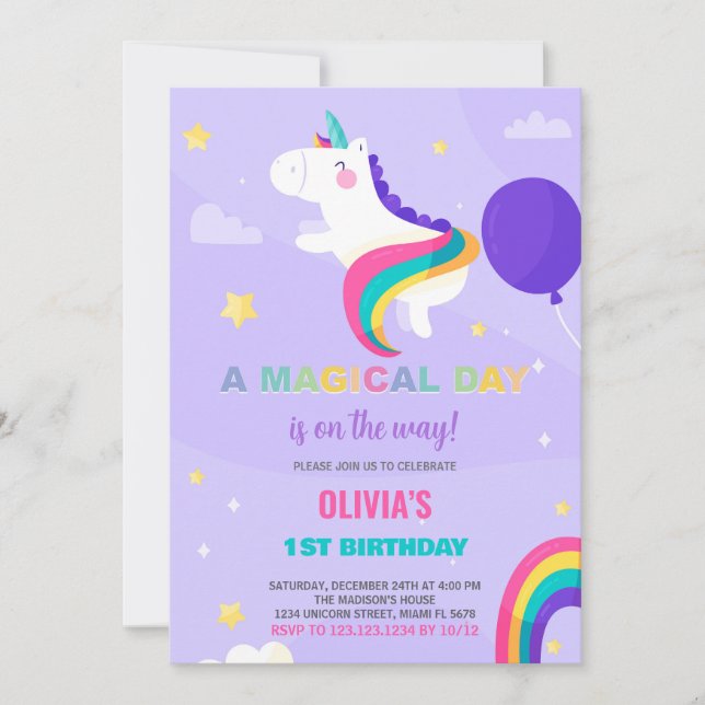Purple Balloons Unicorn Birthday Invitations (Front)
