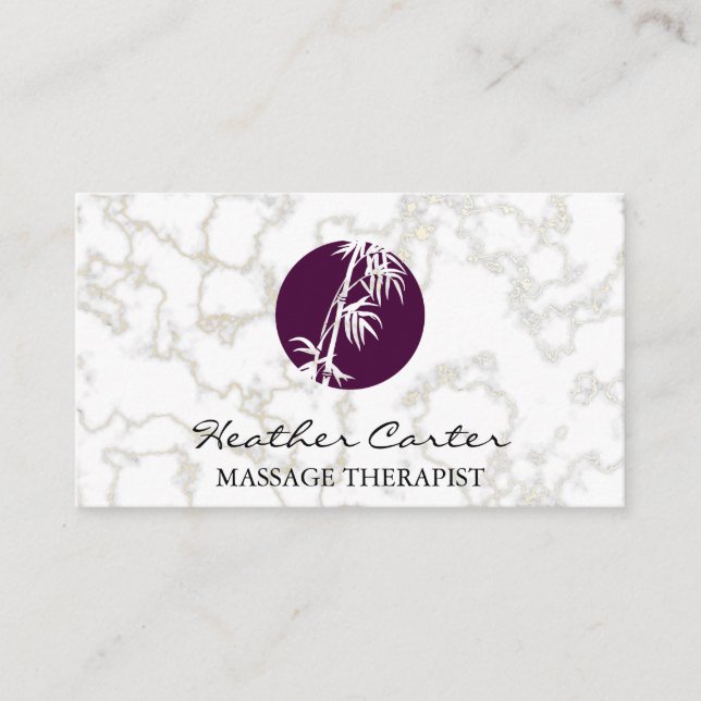 Purple Bamboo Icon | Gold Marble Business Card (Front)