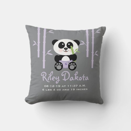 Purple Bamboo Panda Baby Announcement Pillow