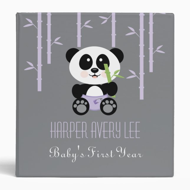 Purple Bamboo Panda in Diapers Baby Photo Album 3 Ring Binder (Front)