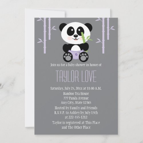 Purple Bamboo Panda in Diapers Baby Shower Invitation