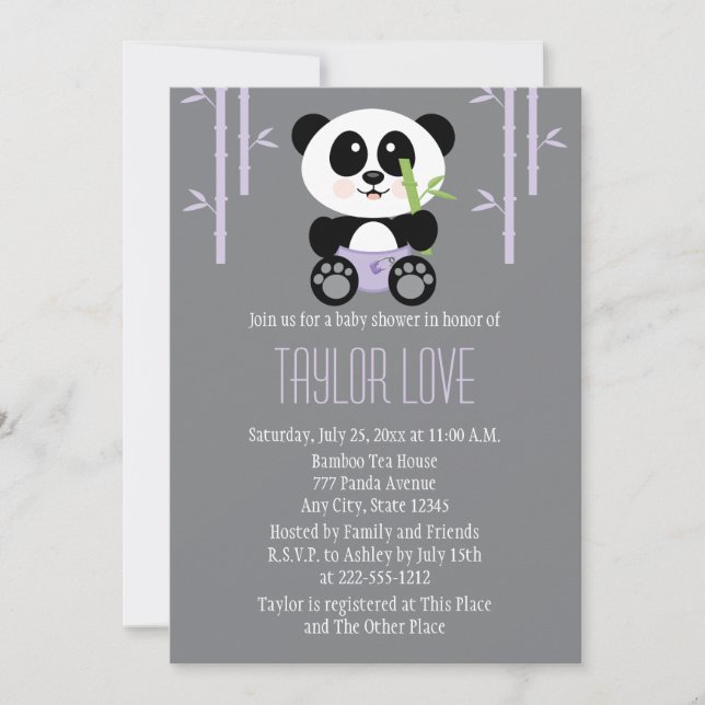 Purple Bamboo Panda in Diapers Baby Shower Invitation (Front)