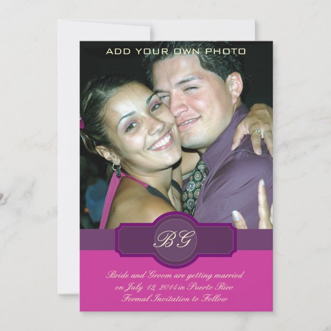 Purple Banner Monograms Photo Save the Date Cards (Front)