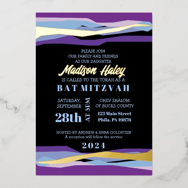 Purple Bar Bat Mitzvah Invitation with Gold Foil Foil Invitation (Front)