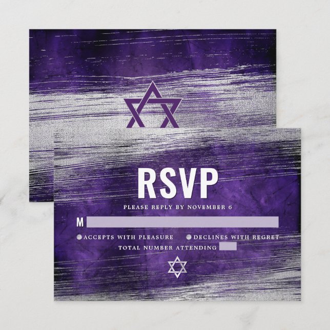 Purple Bar Mitzvah Modern Silver Foil Watercolor RSVP Card (Front/Back)