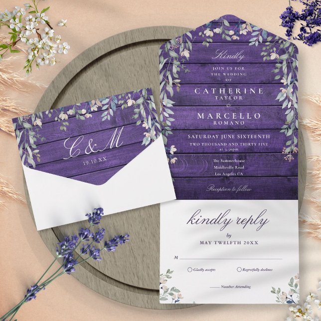 Purple Barn Wood Floral Greenery Cascade Wedding All In One Invitation (Creator Uploaded)