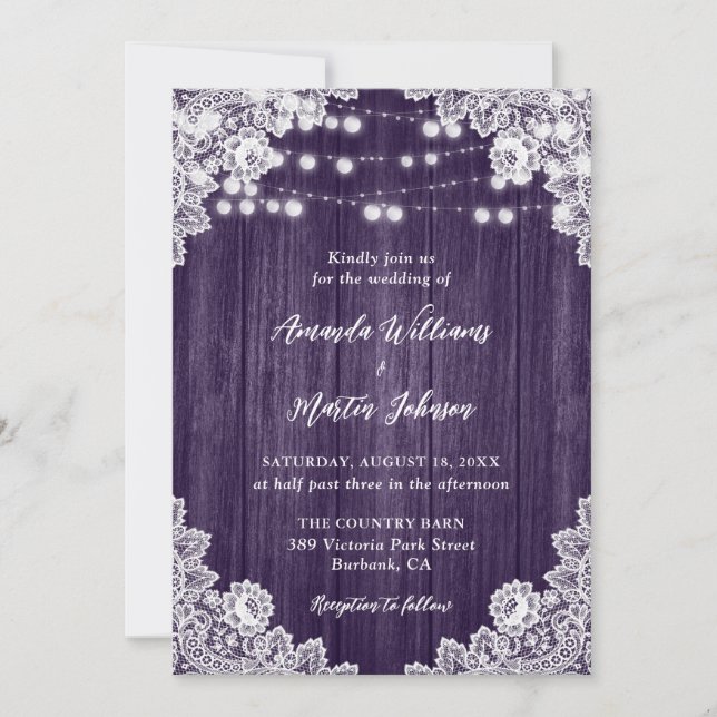 Purple Barn Wood Floral Lace String Lights Wedding Invitation (Front)