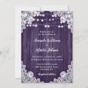 Purple Barn Wood Floral Lace String Lights Wedding Invitation