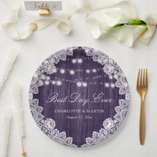Purple Barn Wood Lace String Lights Wedding Paper Plates