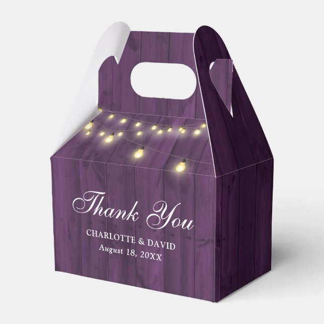 Purple Barn Wood String Lights Wedding Favor Boxes (Front Side)