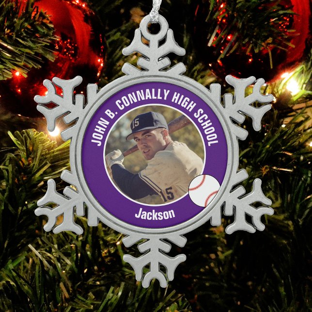 Purple Baseball Player Photo High School Snowflake Pewter Christmas Ornament (Creator Uploaded)