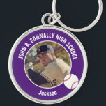 Purple Baseball Player Photo High School Spirit Keychain<br><div class="desc">This cool customized high school baseball player photo gift features white typography of your team and player name on a purple keychain with a ball. Personalize with your student's photograph and class year as a proud sports parent for a great commemorative keepsake.</div>