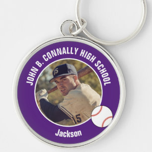 Purple Baseball Player Photo High School Spirit Keychain