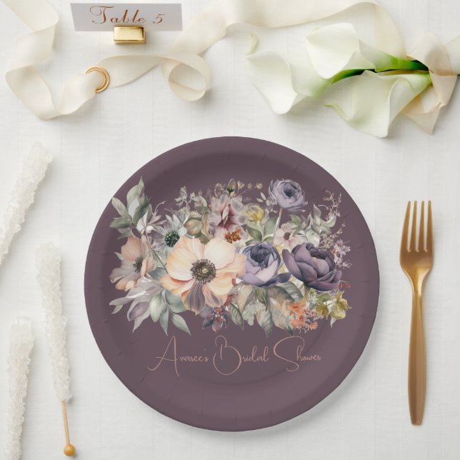 Purple Basil Floral Bouquet  Shower Paper Plates (Wedding)