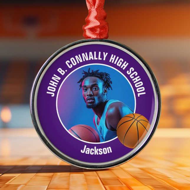 Purple Basketball Player Photo Christmas Metal Ornament (Creator Uploaded)