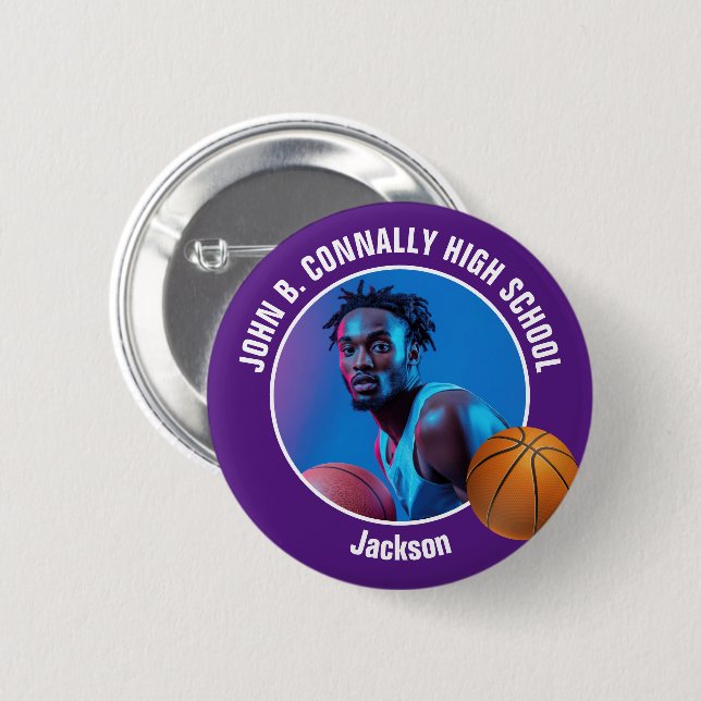 Purple Basketball Player Photo High School Spirit Button (Front & Back)