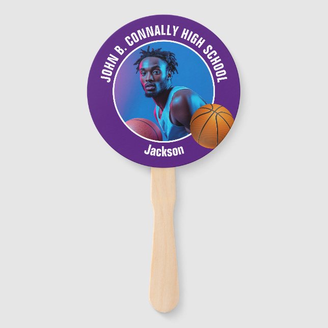 Purple Basketball Player Photo High School Spirit Hand Fan (Front)