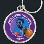Purple Basketball Player Photo High School Spirit Keychain<br><div class="desc">This cool customized high school basketball player photo gift features white typography of your team and player name on a purple keychain with a ball. Personalize with your student's photograph and class year as a proud sports parent. A great present for mom and dad.</div>