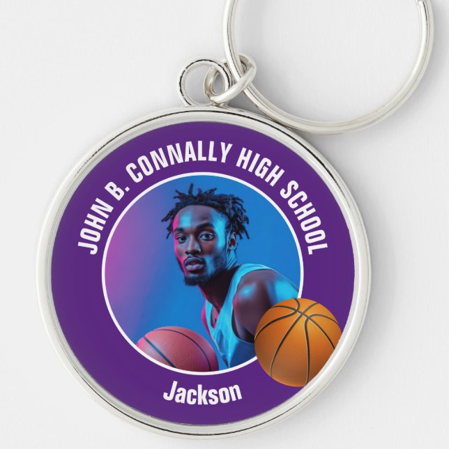 Purple Basketball Player Photo High School Spirit Keychain (Front)