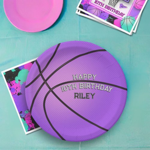 Purple Basketball Varsity Font Happy Birthday Name Paper Plates