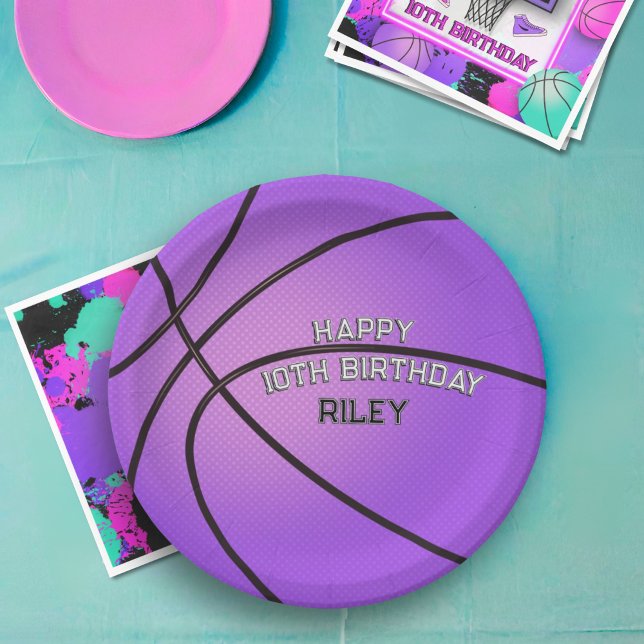 Purple Basketball Varsity Font Happy Birthday Name Paper Plates (Creator Uploaded)