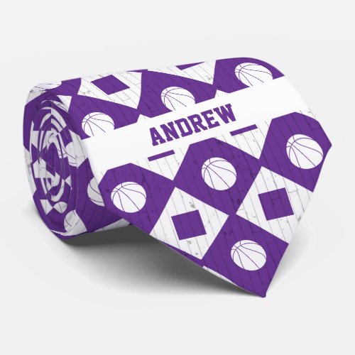 Purple Basketball Wood Floor Argyle Pattern Neck Tie