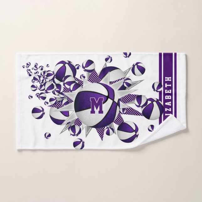 purple basketballs stars girls monogrammed hand towel  (Hand Towel)