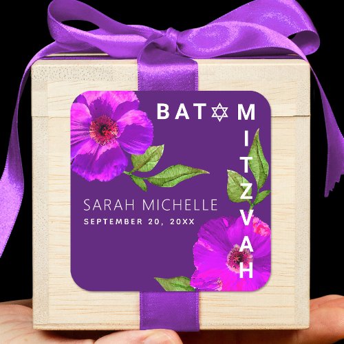 Purple Bat Mitzvah Bold Modern Floral Watercolor Square Sticker
