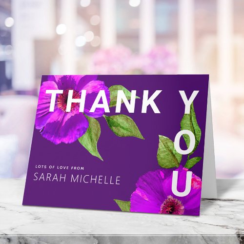 Purple Bat Mitzvah Pink Floral Watercolor Modern Thank You Card