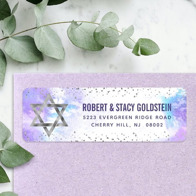 Purple Bat Mitzvah Silver Foil Watercolor Address Label (Creator Uploaded)