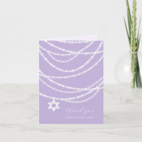 Purple Bat Mitzvah Sparkles Star Of David Photo Thank You Card