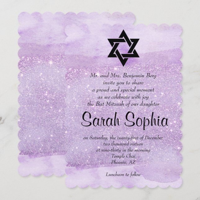 Purple Bat Mitzvah, Watercolor, Violet, Glitter Invitation (Front/Back)