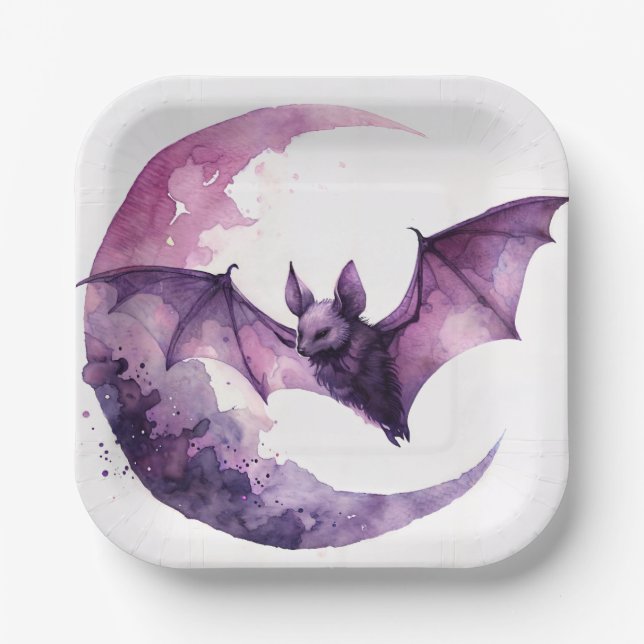 Purple Bat With Crescent Moon Watercolor Paper Plates (Front)