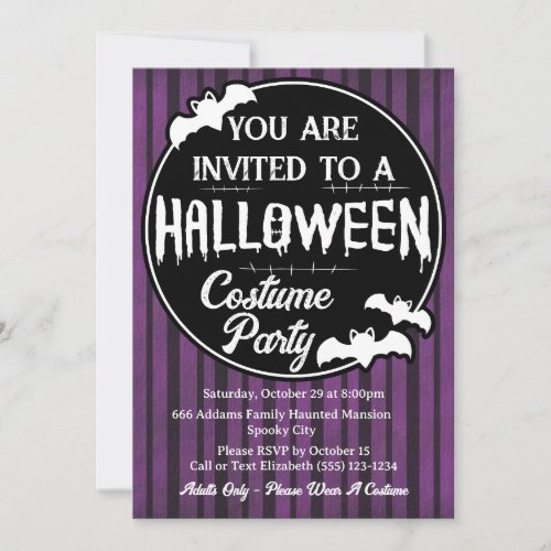 Purple Bats Halloween Costume Party Invitation