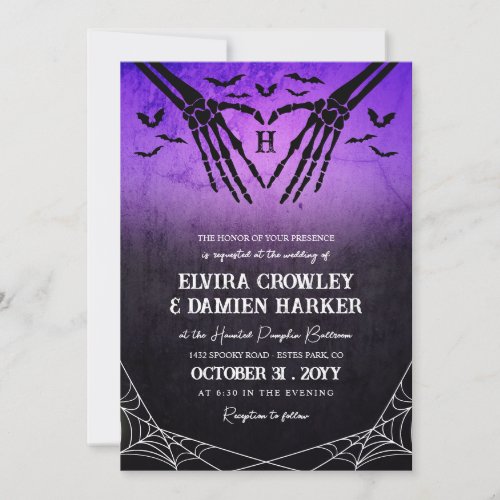 Purple Bats Skeleton Heart Goth Halloween Wedding Invitation