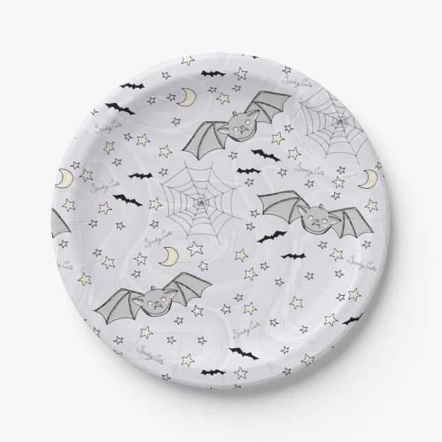 Purple Batty, Stars & Moons Spooky Cute Paper Plates (Front)