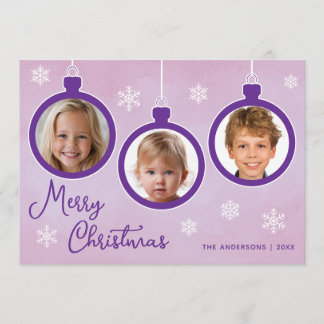 Purple Baubles 3 Photo Collage Merry Christmas Holiday Card