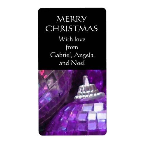 Purple Baubles gift tag label portrait black