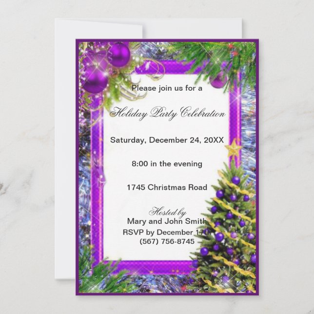 Purple Baubles Holiday Tree Christmas Party Invite (Front)