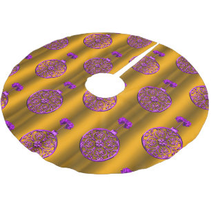 Purple Baubles on Gold Christmas Brushed Polyester Tree Skirt