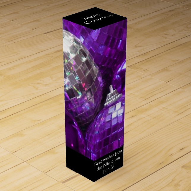Purple Baubles Text wine gift box black (Front)