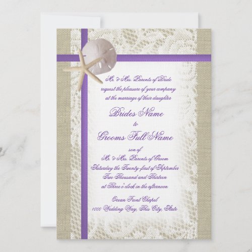Purple Beach Burlap and Vintage Lace Wedding Custom Announcements