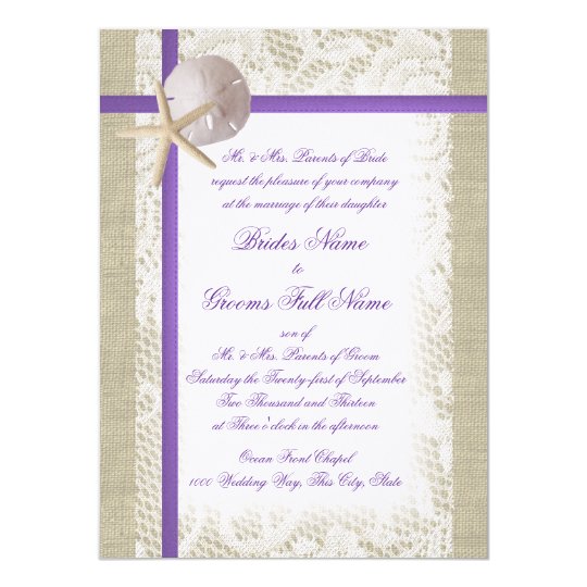 Purple Beach Burlap And Vintage Lace Wedding Invitation Zazzle Com