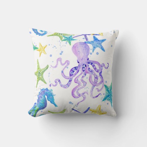 Purple Beach Coastal Octopus Seahorse Starfish Art Throw Pillow