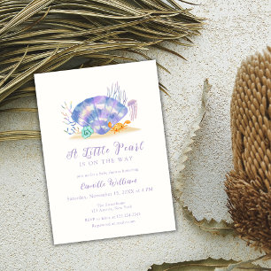 Purple Beach Ocean Little Pearl Girl Baby Shower Invitation