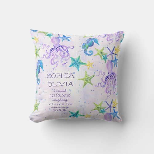 Purple Beach Octopus Seahorse Boy GirlBirth Stat Throw Pillow