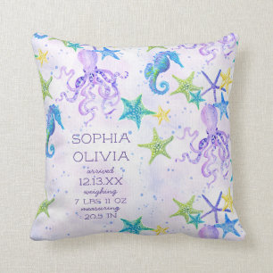 Purple Beach Octopus Seahorse Boy GirlBirth Stat Throw Pillow
