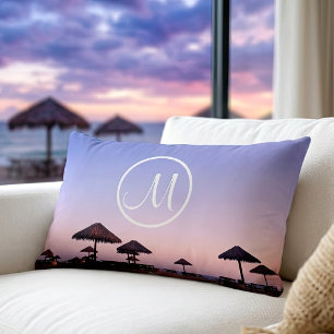 Purple beach sky sunset photo monogram script bold lumbar pillow