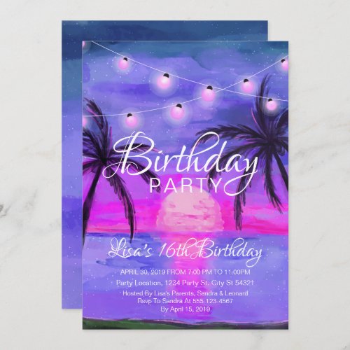 Purple Beach Sunset Birthday Invitations